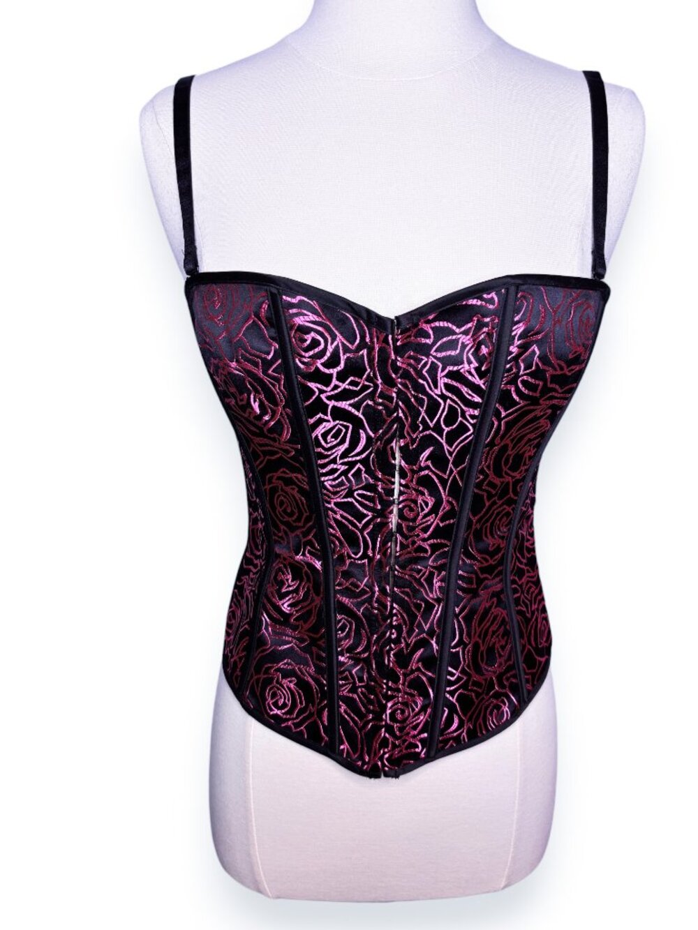 Pink and Black Jacquard Floral Boned Back Lace Up Corset Top Detachable Straps S